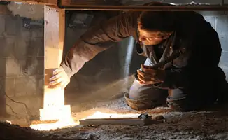 A professional inspecting wooden beams under the floor of a structure in Boston, MA